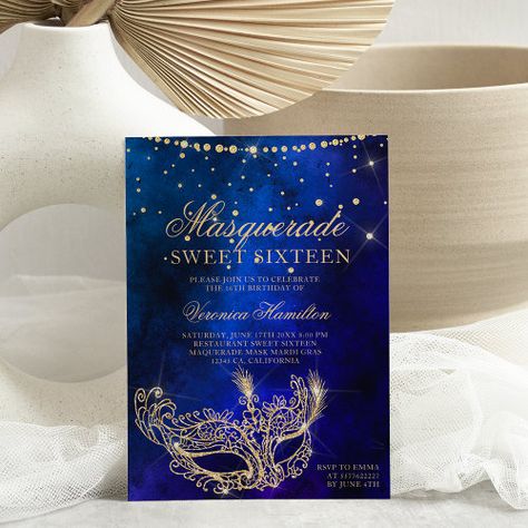 Masquerade mask blue gold glitter Sweet 16 for $2.92 - Birthday Invitations Glitter Sweet 16, Masquerade Invitations, 92nd Birthday, Navy Blue Watercolor, Ideas Sketch, Venice Mask, 16th Birthday Invitations, Mask Ideas, Sweet 16 Invitations