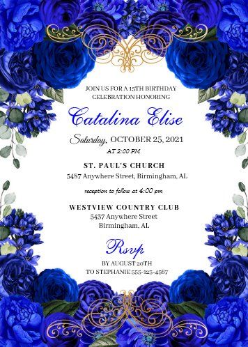 Invitación Rosas azules reales y Tiara de oro elegante Quince | Zazzle.com Royal Blue Quince Invitations, Royal Blue Quinceanera Makeup, Royal Blue Invitations, Blue Silver Quinceanera, Blue Gold Wedding Invitation, Royal Blue Quince, Royal Blue Quinceanera, Blue Gold Wedding, Royal Blue Flowers