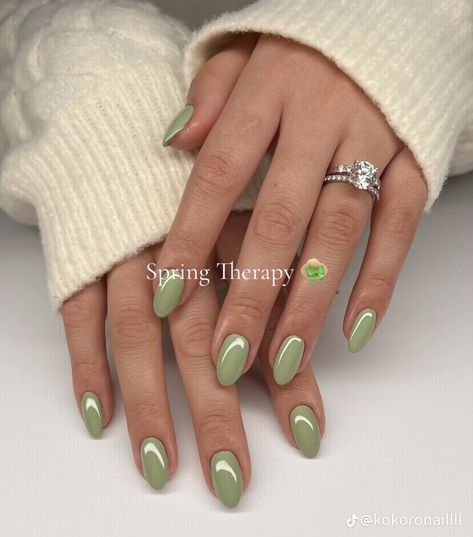 Green Donut Glaze Nails, Fall Green Nails 2024, Green Hailey Bieber Nails, Pearly Green Nails, Matcha Nails, Acrylic Nails Almond Shape, Gelish Nails, Almond Acrylic Nails, Clean Nails