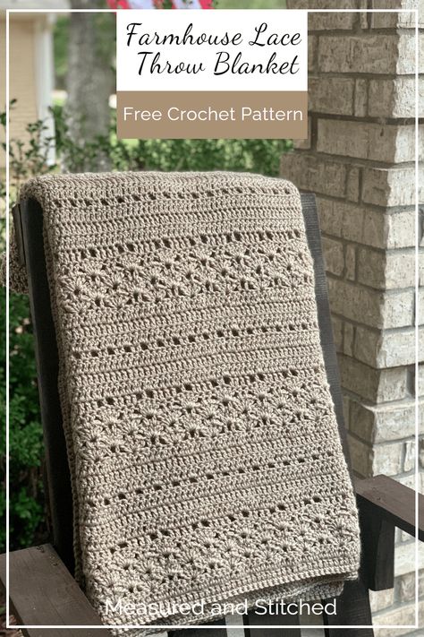 Free Crochet Throw Blanket Pattern - Crochet Blanket Pattern - Add farmhouse charm to your home with the Farmhouse Lace Crochet Throw Blanket! #crochet #freecrochetpattern #crochetblanket #crochethomedecor #farmhouse Crochet Throw Blanket Pattern, Rustic Throw Blanket, Crochet Throw Pattern, Throw Blanket Pattern, Crochet Afghan Patterns Free, Easy Crochet Baby Blanket, Crochet Blanket Designs, Placemats Patterns, Crochet Throw Blanket