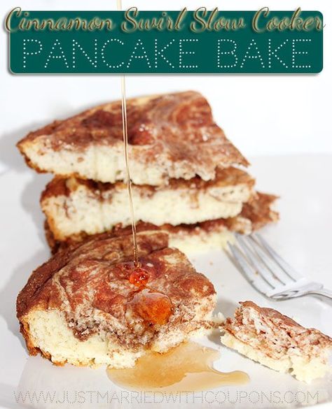 Cinnamon Swirl Slow Cooker Pancake Bake Recipe Pancake Bake, Cinnamon Swirl Pancakes, Summer Slow Cooker Recipes, Slow Cooker Breakfast Casserole, Baked Breakfast Recipes, Slow Cooker Breakfast, Baked Pancakes, Bisquick Recipes, Crockpot Breakfast