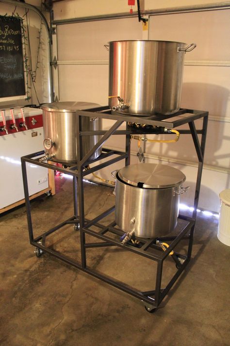 This is my ideal homebrew system.  Gravity powered, compact, not too high.  Would probably use a cooler convert for the mash tun. Brew Room, Brew Stand, Homebrew Setup, All Grain Brewing, Brewery Equipment, Beer Brewing Equipment, Beer Kit, Home Brewing Equipment, Brewing Recipes