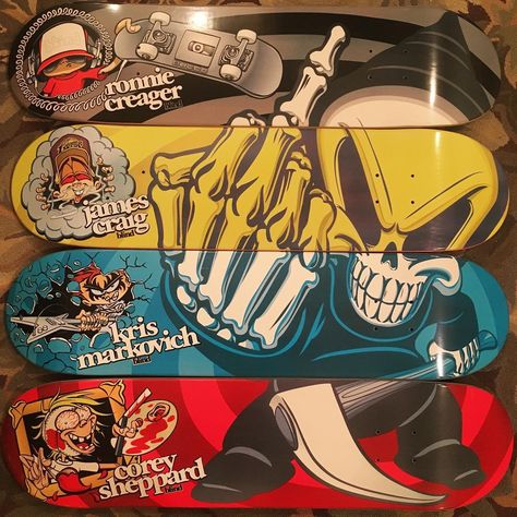 Marc McKee on Instagram: “@blindskate Reaper Combo series, @ronniecreager, @jamescraig24, @kris_markovich, and @corey_v_sheppard pro models, c.2004.” Skateboard Wallpaper, Blind Skateboards, Skateboard Art Design, Skateboard Deck Art, Vintage Skateboards, Tech Deck, Dragon Ball Art Goku, Cool Skateboards, Skate Art