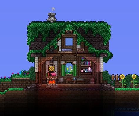 Cozy Terraria House, Terraria Aesthetic House, Terraria Cottage House, Terraria Roof Ideas, Terraria Living Wood House, Terraria Medieval House, Small Terraria House, Terraria Village Ideas, Terraria Forest House Ideas