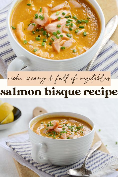 Salmon Bisque Recipe Smoked Salmon Bisque, Salmon Bisque Soup, Salmon Broth Recipe, Soup With Salmon, Creamy Salmon Soup, Creamed Salmon On Toast, Fish Bisque, Salmon Bisque Recipe, Salmon Soup Recipes