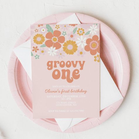 Floral First Birthday, 98th Birthday, Groovy One, Floral Birthday Invitations, Dinosaur Birthday Invitations, Retro Daisy, First Birthday Party Themes, Retro Birthday, Floral Birthday