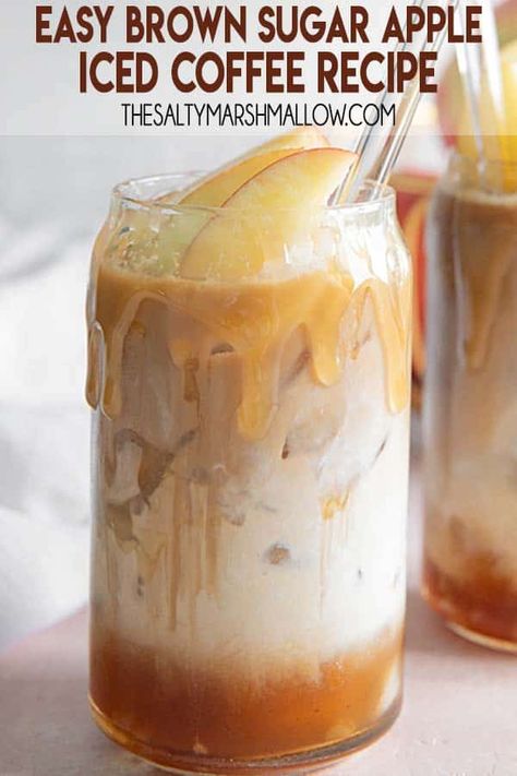 Brown Sugar Apple Iced Coffee is so easy to make at home and to customize to your own taste!  This coffee only needs a simple to make syrup and whichever coffee you love best! Apple Coffee Drinks, Caramel Apple Iced Coffee, Apple Iced Coffee, Chia Tea Recipe, Make Syrup, Fall Iced Coffee, Marshmallow Recipes, The Salty Marshmallow, Salty Marshmallow