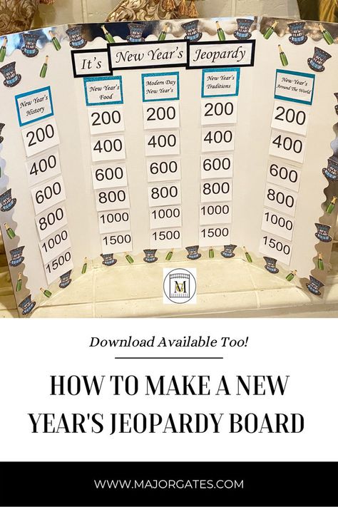 Learn how to make New Years Jeopardy Trivia Game for the perfect holiday party or gathering with family and friends. Diy Jepordy, New Years Jeopardy Game, Diy Jeopardy Board, Birthday Jeopardy, 2023 Trivia, Jeopardy Game Diy, Holiday Jeopardy, Charcuterie Birthday, Bff Book