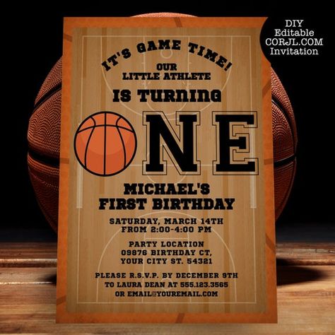 Basketball First Birthday Invitation, Sports Birthday Invite, Boys Party Invitations, Basketball Theme, Corjl Template, 1st Birthday Basketball Invitations Birthday Free Printable, Basketball Theme Birthday Invitation, Basketball Invitations Free Printable, One Year Old Basketball Theme Party, 1st Bday Basketball Theme, One Year Old Basketball Party, Basketball One Year Old Birthday, Nike First Birthday Theme, 1st Birthday Sports Theme Boys