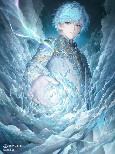 Water Knight Fantasy Art, Water God Character Design, Ice Man Art, Water Mage Character Design, Ice Oc Male, Water Mage, Ice Mage, Male Fairy, Water God