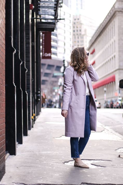 The Lilac Coat I'm Loving for Winter | Hello, Her Lilac Trench Coat Outfit, Lavender Trench Coat Outfit, Lilac Coat Outfit, Purple Coat Outfit, Lilac Outfits, Pink Coat Outfit, Lilac Coat, Lilac Shoes, Winter Pastels