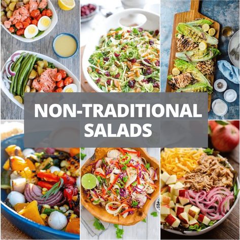 15 Non-Traditional Salads 1 Unique Salad Recipes, Salmon Nicoise Salad, Grilled Vegetable Salads, Potluck Salad, Unique Salad, Red Cabbage Slaw, Broccoli Slaw, Asparagus Salad, Brussel Sprout Salad