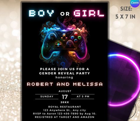 Gender Reveal Ideas For Gamers, Video Game Gender Reveal Ideas, Gamer Baby Shower Ideas, Gamer Gender Reveal Ideas, Gamer Gender Reveal, Gamer Baby, Pumpkin Gender Reveal, Baby Shower Fishing, Gender Reveal Invitations Template