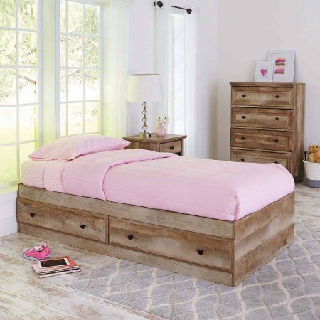 Better Homes and Gardens Crossmill Mates Twin Bed with Storage, Weathered Finish Storage Bed Twin, Twin Bed With Drawers, Bed Weather, Kids Beds With Storage, Entertainment Wall Units, Bed Twin, Bookcase Headboard, Twin Beds, Kids Headboard