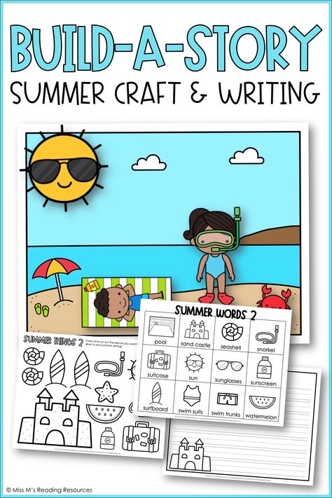 Enhance your back-to-school writing curriculum with this fun Summer Build-a-Story set for primary writers! Students will have everything they need to create fun stories with summer settings, pictures to color and cut out, summer characters to color and cut out, and differentiated writing pages to write their story.Students will use the summer words, things, characters, and setting pages to create a fun summer narrative story. #MissMsReadingResources #Summer #BacktoSchool #Writing #Kindergarten Summer In Kindergarten, Beach Writing Activities Preschool, Beach Writing Activities, Summer Writing Prompts For Kindergarten, Spring Break Writing Kindergarten, First Grade Summer Packet Free, Kindergarten Journals, Kindergarten Writing Activities, Interactive Read Aloud Lessons