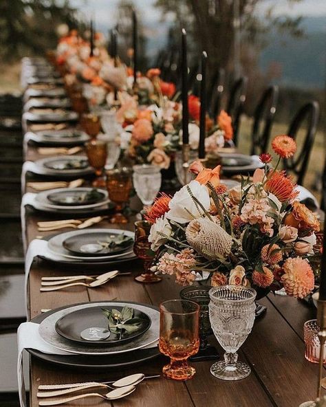 Wedding Decor Trends, Burnt Orange Bridesmaid Dresses, Orange Bridesmaid, Orange Bridesmaid Dresses, Boda Mexicana, Dark Wedding, Outdoor Dinner, Fall Table Decor, Wedding Palette