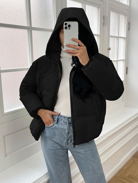 Black Puffer Jacket With Hood, Puffer Coat With Hood, Black Hooded Jacket, Black Puffer Coat, Black Winter Coat, Women Outerwear, Black Puffer Jacket, Puffy Coat, Everyday Fashion Outfits