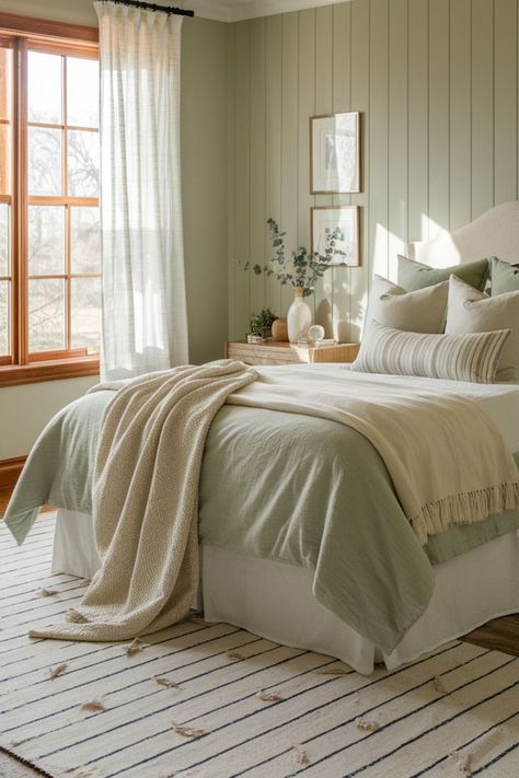 Bedroom with sage green walls with a bed, drapes and a nightstand Bedroom Aesthetic Green, Bathroom Vanity Green, Kitchen Cabinets Green, Bathroom Decor Green, Bedroom Ideas Green, Green Decor Ideas, Sage Green Bedroom Ideas, Mint Green Bedroom, Olive Bedroom