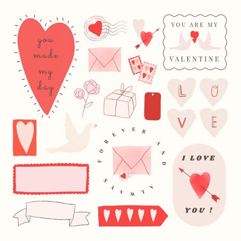 Scrapbooking Boyfriend, Valentine's Day Aesthetic, Lovely Stickers, Day Aesthetic, Doodle Design, Day Stickers, Valentine Stickers, Scrapbook Tag, Pink Posters