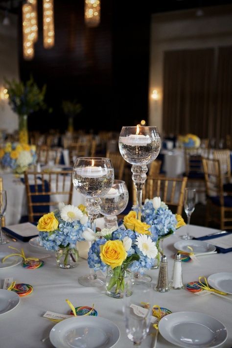 Light Blue And Yellow Wedding Centerpieces, Blue And Yellow Wedding Flowers, Wedding Place Setting Ideas, Destiny Wedding, Foundry Wedding, Blue Yellow Weddings, Yellow Wedding Decorations, Yellow Centerpieces, Priscilla Of Boston