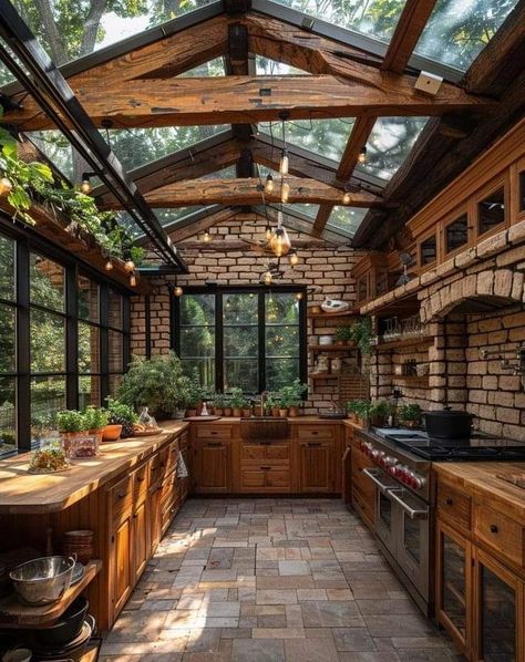 Log Cabin Garden Room Interior, Log House Kitchen, Cabin Bloxburg, Manga House, Log Cabin Homes Interior, Log Cabin Kitchens, Greenhouse Kitchen, Log Cabin Kitchen, Manor Farm