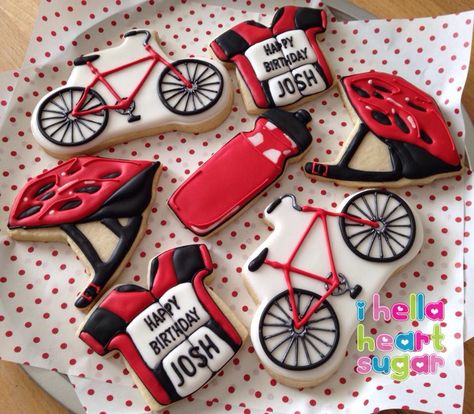 Bike and helmet cookies Bicycle Cookies Decorated, Bike Cookies Decorated, Bicycle Cookies, Bike Cookies, Mountain Bike Cake, Bicycle Birthday Parties, Cycling Cake, Bicycle Party, Bike Birthday Parties