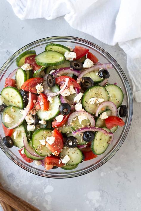 Cucumber Tomato Onion Feta Salad, Cucumber Salad With Feta Cheese, Greek Cucumber Tomato Salad, Black Olive Salad, Bethlehem Dinner, Greek Cucumber, Homemade Greek Dressing, Cucumber Feta Salad, Greek Cucumber Salad