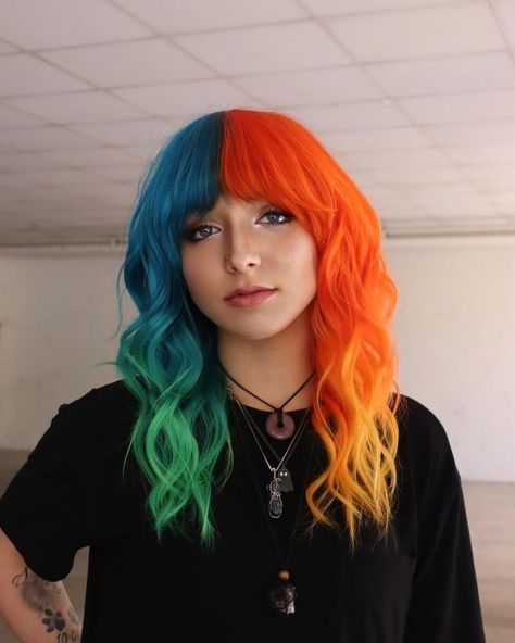 Split Dye Ombre Hair, Ombre Split Dye, Rainbow Split Dye Hair, Subtle Rainbow Hair, Summer Vivid Hair Color, Crazy Hair Colour, Orange And Blue Hair, Crazy Hair Color Ideas, Split Hair Color