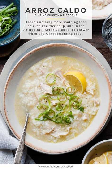 Chicken Arroz Caldo, Filipino Soup Recipes, Filipino Beef Stew, Caldo Recipe, Easy Filipino Recipes, Rice Soup Recipes, Chicken Rice Soup, Soup Kitchen, Filipino Dishes