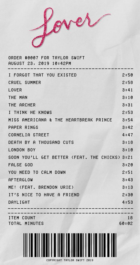 Lover Receipt, Taylor Swift Lover Songs, Taylor Swift Songs List, Lover Album, Taylor Swift Drawing, Taylor Swift Lover, Taylor Swift Party, Taylor Swift Birthday, Iphone Case Stickers