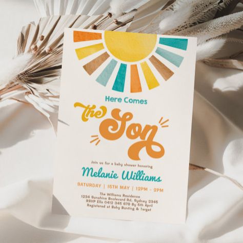 $2.45 | Here Comes the Son Retro Sun Boy Baby Shower #here comes the son, sunshine baby shower, retro boho sun baby sprinkle, hippie boy baby shower, cheerful bohemian 60s 70s design, muted earth tone summer, rainbow baby shower, blue yellow terracotta orange brown, here comes the sun, a little ray of sunshine Sunshine Baby Shower Invitations, Baby Boy Sprinkle, Here Comes The Son, Baby Boy Invitations, Sunshine Baby Shower, Baby Shower Venues, Sprinkle Shower, Sunshine Baby Showers, Boho Baby Shower Invitations