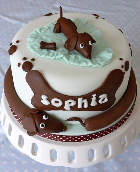 Sausage dog/Dachshund cake Sausage Dog Birthday Cake, Dachshund Birthday Cake, Sausage Dog Cake, Dog Themed Cake, Sausage Ideas, Dachshund Cake, Dogs Cake, Dachshund Birthday, Puppy Cake