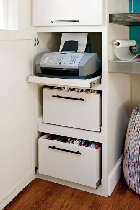 Filing Storage Ideas, Desk Drawer Ideas, Filing Storage, Printer On Desk Ideas, File Drawer, Office Printer Storage Ideas, Hidden Printer Storage Ideas Diy, Pull Out Printer Drawer, Built In Filing Cabinet Home Office