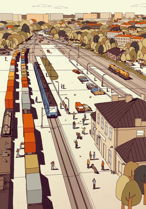 ArtStation - Chojny Train Station, Krzysztof Nowak Train Station Drawing, Train Concept Art, Train Station Illustration, Train Station Aesthetic, Train Illustration, Train Station Architecture, City Cartoon, Color Key, Graphic Novel Art