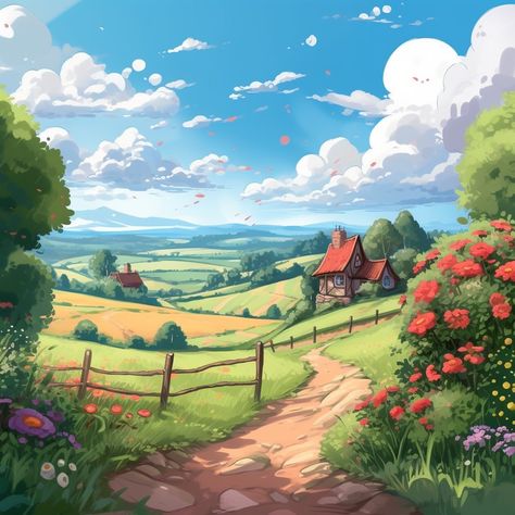 Beautiful English countryside, Disney style painting, sunny day, wide fields of grass Anime Grass Field Background, Anime Countryside, Procreate Rendering, Sunny Day Pictures, Countryside Illustration, Cartoon Landscape, Farm Cartoon, Disney Art Style, Pokemon Painting