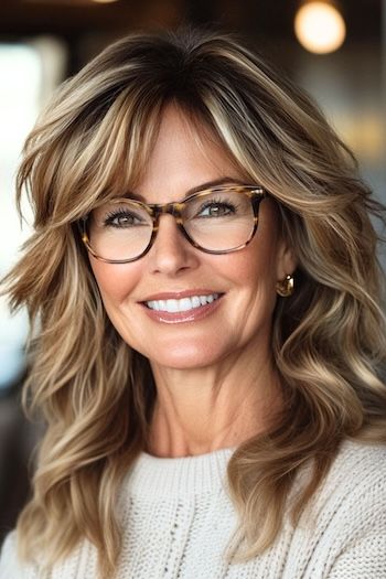 Save this pin for the best hairstyles for women over 50 with glasses. Choppy layers help waves and curls stand out, creating a fun, bouncy look. The layers work well with all face shapes and glasses styles. This cut is particularly flattering for thick hair, as it helps distribute volume evenly. Medium Hairstyles For Thinning Hair, Medium Hair Thick, Layered Hair With Bangs For Round Face, Layered Hair For Over 50, Curved Layers Hair, Hairstyles For Length Hair Long Haircuts, Haircuts For Women Over 50 With Glasses, Hair Styles For Long Forehead, Hairstyles With Thick Hair