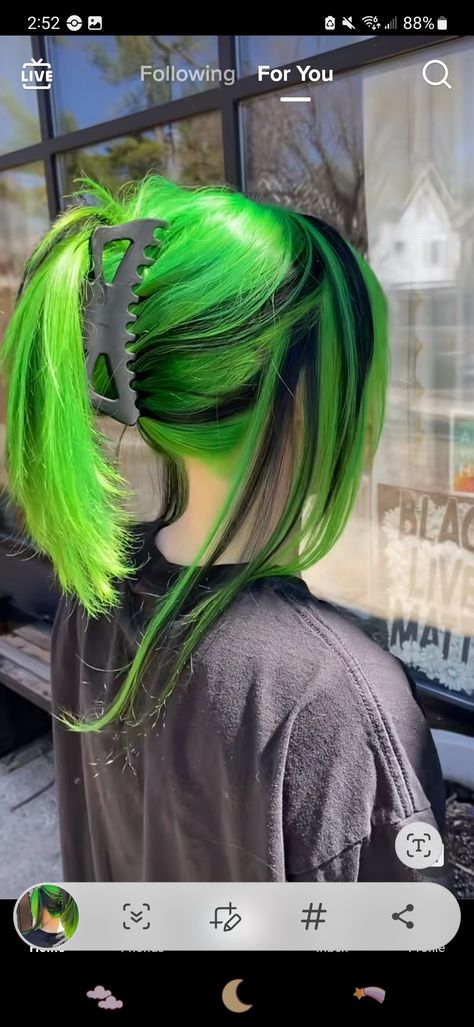 Pink And Green Hair Ideas, Green And Blonde Hair, Green Hair Color Ideas, Green Ponytail, Green Hairstyles, Cute Hairstyles For Long Hair, Black And Green Hair, Green Hair Color, Exotic Hair Color