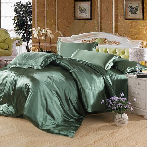 Pure Enjoyment Army Green Silk Bedding Silk Duvet Cover Set Light Green Bedding, Silk Bed Sheets, Silk Duvet Cover, Silk Bedding Set, Pvc Bag, Silk Sheets, Satin Bedding, Blue Duvet Cover, Bedding Sets Online