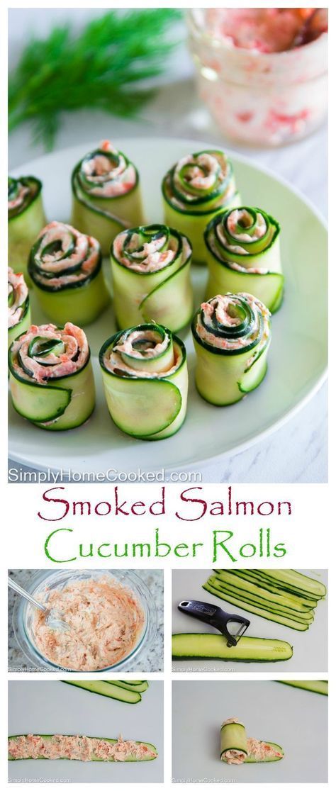 Smoked salmon cream cheese spread rolled up in thinly sliced cucumber. An easy yet elegant appetizer. Smoked Salmon Cucumber, Salmon Cucumber, Cucumber Appetizers, Smoked Salmon Cream Cheese, Sliced Cucumber, Sommer Mad, Cucumber Rolls, Salmon Cream Cheese, Cream Cheese Spread