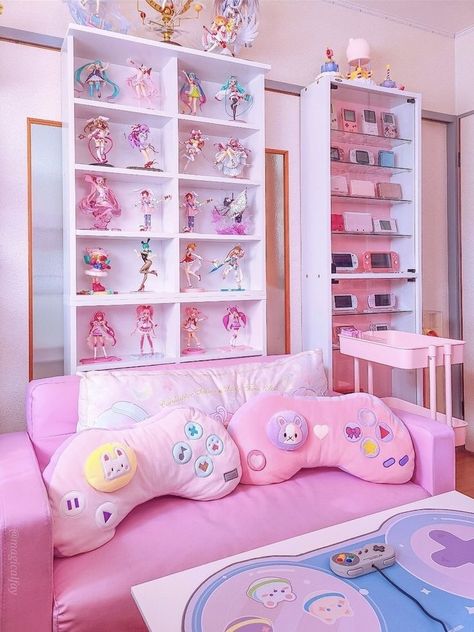 ₊˚ෆ Follow me for more 𐙚 visit my boards ₊˚ෆ Console Collection, Anime Bedroom Ideas, Games Room Inspiration, Kawaii Room Ideas, Handheld Console, Dream Bedroom Inspiration, Kawaii Bedroom, Otaku Room, Gamer Room Decor