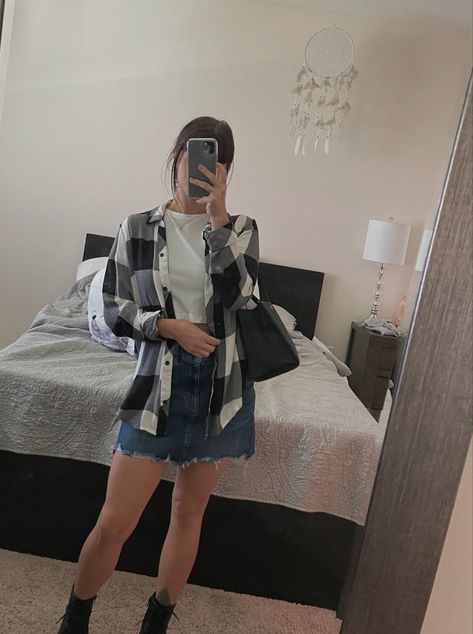 outfit of the day spring time in Florida 🤍 Denim Skirt And Flannel Outfit, Flannel And Denim Skirt, Modest Flannel Outfits, Flannel And Skirt Outfit, Cute Outfits With Flannels, Flannel Skirt Outfit, Outfit With Flannel, Flannel Outfits Aesthetic, Cute Flannel Outfits