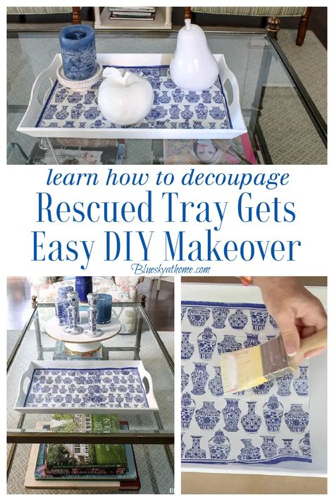 Diy Charger Plates, Painted Trays Ideas, Chinoiserie Home, Diy Serving Tray, Thrifted Home Decor, Decoupage Tray, Patterned Napkins, Serving Tray Decor, Decoupage Ideas