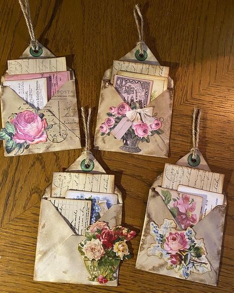 Some more tags made out of coffee dyed envelopes, filled with small cute cards 🤗#tags #envelopes #coffeedyedpaper #handmade | Instagram Journal Tags Handmade, Junk Journal Tags Ideas, Tags Ideas Handmade, Homemade Journals, Scrap Journaling, Vintage Cards Handmade, Shabby Chic Tags, Homemade Tags, Botanical Book