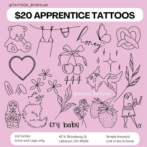 ✨Booking now✨ for $20 apprentices tattoos! These are pre-drawn flash designs, simple linework. All designs are approximately 2x2, and for arms or legs only. 🔗 in bio to claim a spot! Which is your fav?! #tattooartist #tattooshop #tattooapprentice #cincinnatitattooartist #lebanonohio Lebanon Ohio, Flash Designs, Flash Design, Tattoo Apprentice, Tattoo Shop, All Design, Cool Tattoos, Tattoo Artists, Flash