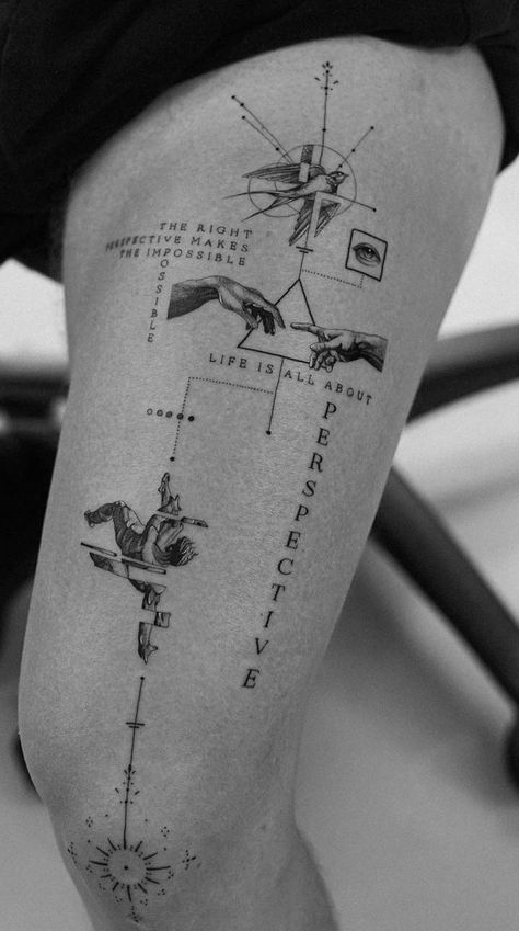 Persistent Tattoo Ideas, Quad Tattoo For Women, Geometric Tattoo On Leg, Leg Thigh Tattoos Men, Concept Tattoos Men, Discipline Tattoo Ideas, No Limits Tattoo, Tatuaje Ekg, Leg Tattoo Men Ideas