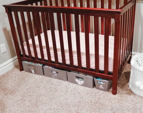 Modern Under the Crib Diaper Organization - Girl Loves Glam Crib Storage Ideas, Crib Organization, Under Crib Storage, Crib Storage, Small Space Nursery, Diaper Storage, Diy Nursery Decor, Diaper Organization, Kids Room Organization