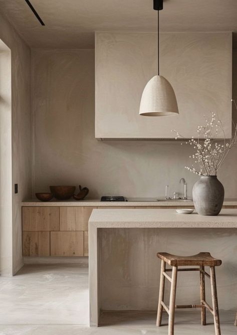 Open Minimalist Kitchen, Lime Wash Kitchen, Micro Cement Kitchen, Kitchen Minimalist Design, Plaster Kitchen, Cement Kitchen, White Kitchen Interior Design, White Kitchen Interior, Scandinavian Kitchen Design