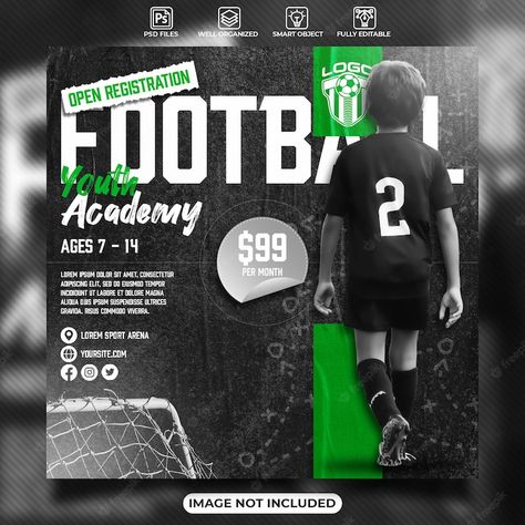 Soccer Academy Poster, Football Academy Design, Football Academy Poster, Soccer Social Media Design, Football Social Media Design, Soccer Fit, Logo Academia, Football Social Media, Soccer Template