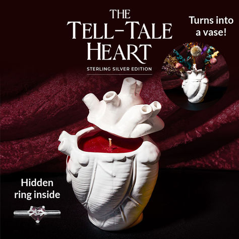 Edgar Allen Poe fans will love our Tell-Tale Heart Candle that turns into a VASE and has a HIDDEN RING inside!! The ultimate collectible and wonderful gift idea, this one of a kind Fragrant Jewels offering is an FJ exclusive and includes one of several custom designed sterling silver rings.