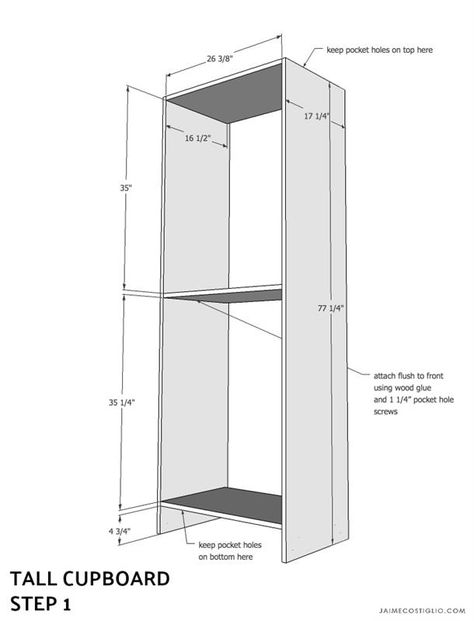 tall cupboard - buildsomething.com How To Build A Tall Cabinet With Doors, How To Build A Tall Cabinet, How To Build A Pantry Cabinet, Diy Tall Cabinet, Diy Kitchen Storage Cabinet, Tall Cabinet With Doors, Tall Cupboard, Building Kitchen, Tall Kitchen Cabinets